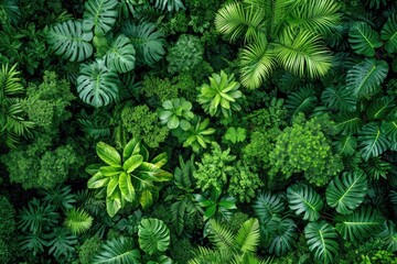 green leaves background, Overhead view of a lush, green forest canopy, dotted with various shades of vibrant green foliage