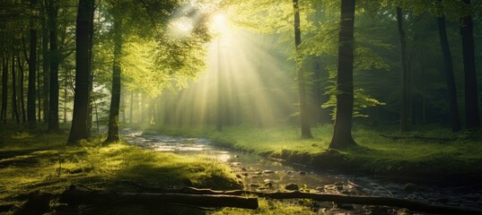 the sun is shining through a green forest