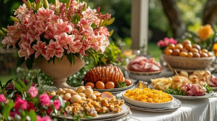 Fototapeta premium Abundant Table Laden With Platters of Delicious Food