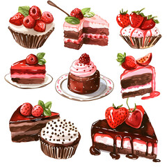 set of cakes and dessertson a transparent background
