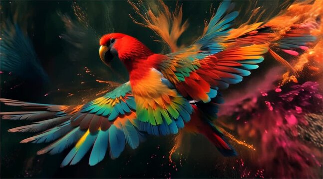 parrot with a colorful powder burst on a black background