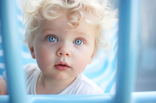 Blue-eyed curly toddler looking at frame, cute kid with astonished look