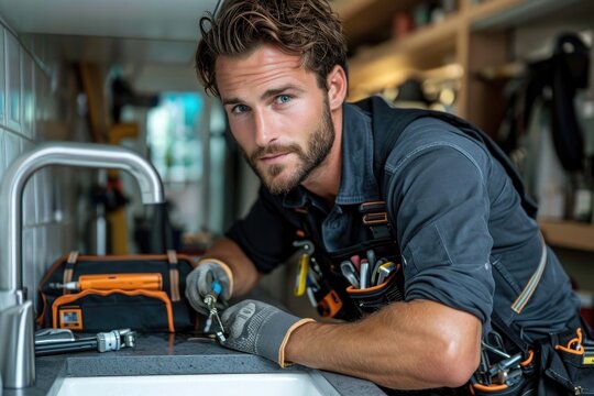Side view of a plumber fixing a pipe under a sink, next to a toolbox