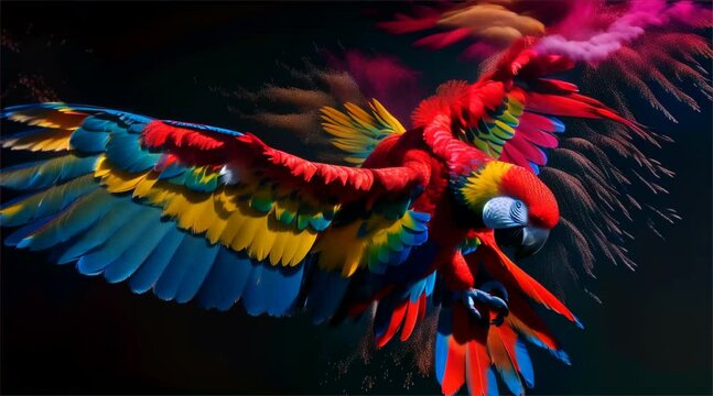 parrot with a colorful powder burst on a black background