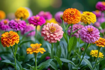 A variety of perennial flowers, bright shades. Rustic garden background, natural daylight