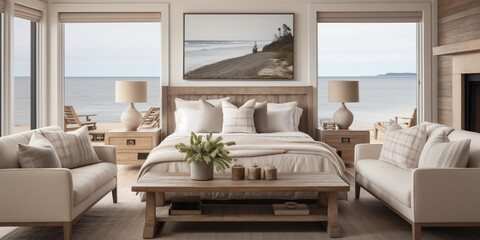A coastal-inspired master suite bedroom with panoramic ocean views, light textiles, and beach-inspired decor. Soft Gray Sofa with Pillows in a Coastal-Themed Room 