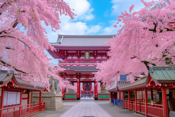 Cherry blossoms and Temple in Asakusa Tokyo, Japan