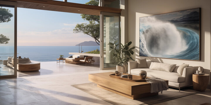 Coastal chic living room Interior design, bright and soft light. white colored sofa wooden coffee table with  abstract art design on backwall, Coastal chic interior design