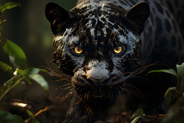 Closeup of Black Jaguar Stalking Prey While Hiding in Forest Bushes