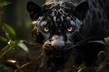 Fototapeten Closeup of Black Jaguar Stalking Prey While Hiding in Forest Bushes © Resdika