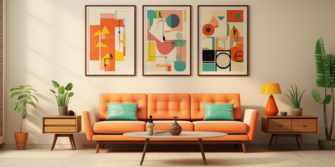 Orange sofa with colorful pillows against white wall with art poster frames. Pop art, scandinavian...