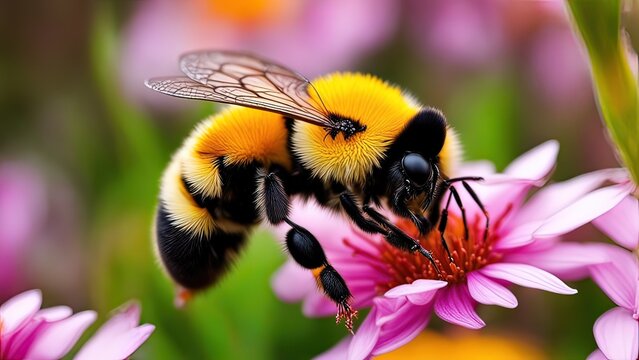 A Bee Amidst Vibrant Pink and Yellow Flowers