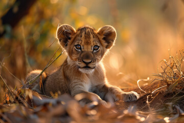 The adorable lion cub, bathed in soft light