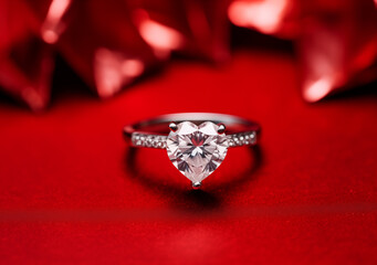 A diamond ring with hearts on a Red background 