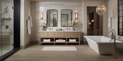 Transitional bathroom with a large marble shower and a vanity with a marble countertop and a freestanding tub, Transitional interior design 
