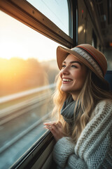 Young happy woman traveling by train