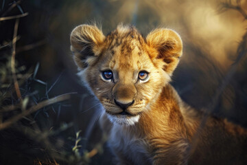 The adorable lion cub, bathed in soft light