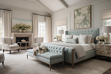 A Dreamy Transitional Bedroom Oasis with Serene Sky Blue Colors, Cozy Textiles, and Rejuvenating Ambiance for Restful Harmony and Rejuvenation. Transitional interior design 