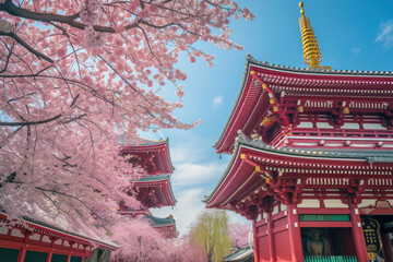 Cherry blossoms and Temple in Asakusa Tokyo, Japan