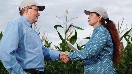 agriculture, farmers handshake field, business corn farm, farmer working tablet with partner, business handshake, modern, man, business, land, sales, agronomist, corn cob, crop, outside, person