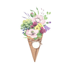 Delicate floral composition of colorful wildflowers and green plants in paper cone, watercolor isolated illustration for holiday cards, symbol love, romantic. Hand drawn design bouquet for your text. - 722070643