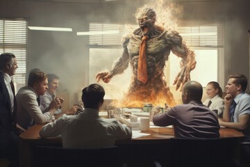 Abstract monster angry boss shout in chaos office because of failure deadline. Stressed cartoon characters. Office workers hurry up with job. Fun cartoon characters - obrazy, fototapety, plakaty
