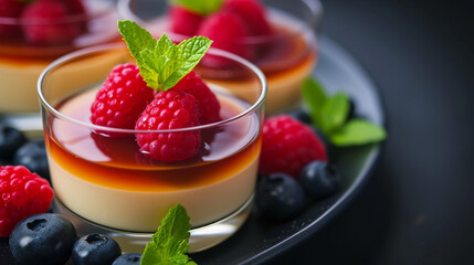 Panna Cotta: A creamy Italian dessert made from sweetened cream with gelatin and often flavored with vanilla and fresh fruit or caramel. Culinary art. - obrazy, fototapety, plakaty