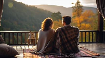 Loving couple wrapped in plaid blanket, sitting on mountain outdoors. Rear view. Man and woman travel together. Romantic traveler couple watching beautiful landscape, enjoying nature on sunset.