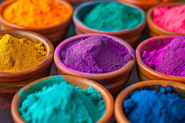 Assorted Holi gulal powder bowls. Vibrant colors of Indian festival. Concept of cultural colorful celebration.
