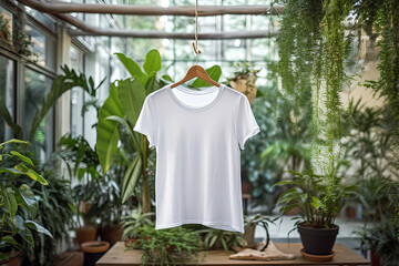 Serene Enclosure: A White T-Shirt Adorns a Verdant Greenhouse - obrazy, fototapety, plakaty