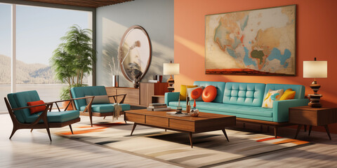 Mid-century living room with iconic Danish furniture with light green sofa, teak accents, and large windows overlooking the large abstract art design on background, Mid-century interior design