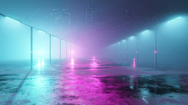 Landscapes of a futuristic city. Town with skyscrapers, blue and purple lines of neon lights and glowing flying objects for templates, banners. 4k video footage. 3d render modern design in stock video