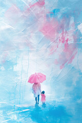Mother and child with umbrella and sky on blue paper and pink.