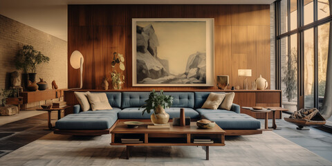Interior of the modern apartments in a Mid-century style with a blue sofa and panoramic windows  with large abstract art design on background, Mid-century interior design 