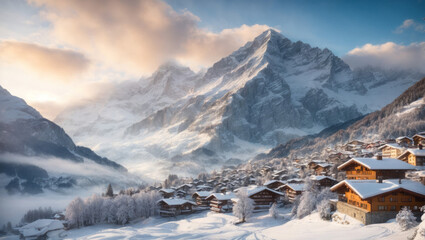 Beautiful view of a snow covered wooden lodge glowing in rocky mountains and pine forest. Beautiful winter landscape.