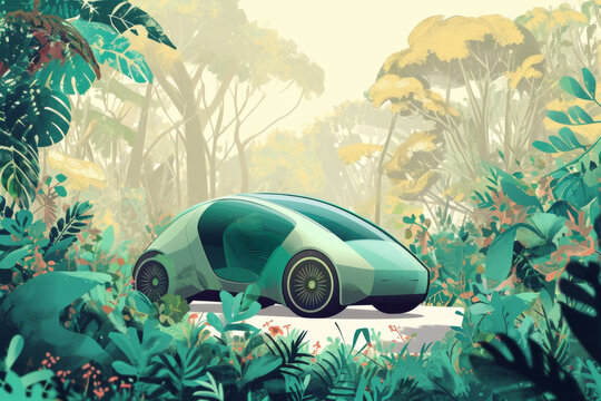 A future new enger green car in the middle of a jungle.