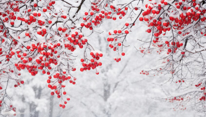 Winter Beauty: A Frosty Rowan Branch Covered in Red Berries, Standing Tall in a Snowy Garden
