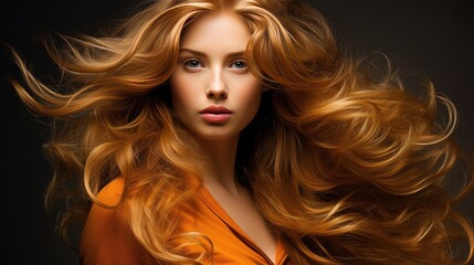 Fototapeta premium Beautiful female face with powerful silky hair and chic hairstyle done in a beauty salon. Perfect image of a beautiful red-haired woman with developing hair. Illustration for beauty magazine.