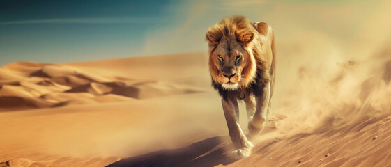 A lion strides with regal poise across the desert dunes, its mane rippling in the wind under a vast sky