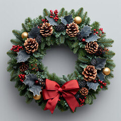 Fototapeta na wymiar Christmas wreath made of fir branches with pine cones.