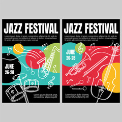 JAZZ FESTIVAL PRINT Vertical Musical Concert Poster With Saxophone And Drums Invitation Text On Abstract Colorful Background Hand Drawn Vector Sketch Banner