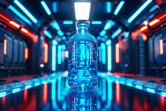 Blue glass bottle inside of its own futuristic blue frame.