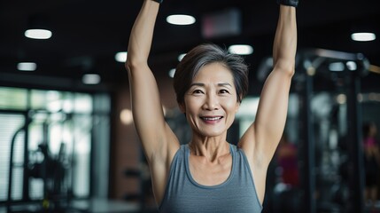 Fototapeta na wymiar Asian middle age female fitness instructor in the gym