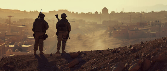 Silhouetted soldiers stand watch over a dusty town at dusk, a silent vigil in the waning light of day - obrazy, fototapety, plakaty