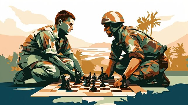 Two opposing soldiers in helmets face each other and look seriously at each other. Military game on the chessboard. War concept. Digital art. Illustration for banner, flyer, poster, cover or brochure.
