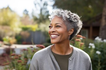 Portrait close up of smiling senior African American woman in a garden. Family enjoying time at home, lifestyle concep
