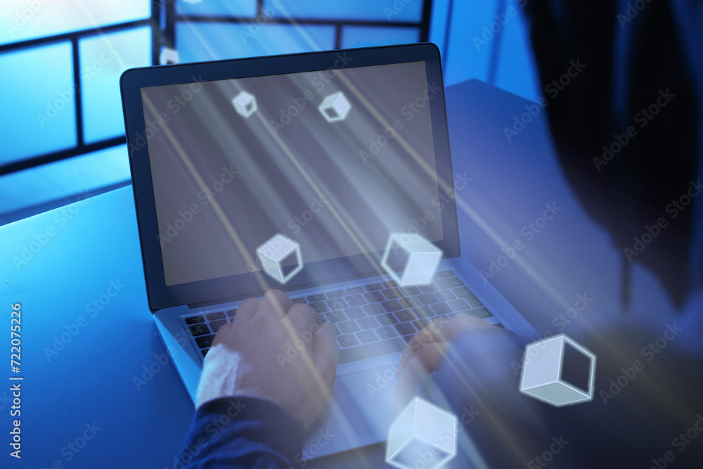 Poster speed internet. man using laptop at table in dark room, closeup. motion blur effect symbolizing fast