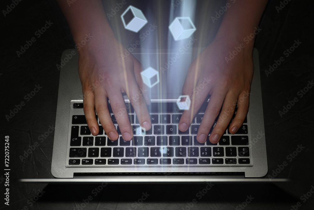 Poster speed internet. man using laptop, closeup. motion blur effect symbolizing fast connection