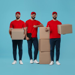 Delivery service. Happy courier with cardboard boxes on light blue background, collage of photos