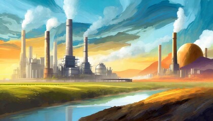 Illustration of factory in nature landscape with big chimney smoke, air pollution. Sustainability, industry, manufacturing, emission concept. ai generated.